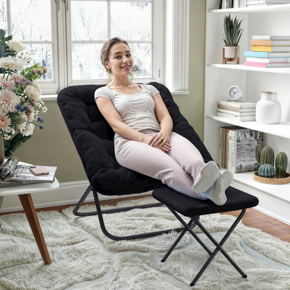 Oversized Folding Saucer Chair with Ottoman, Black Fabric/Black Frame