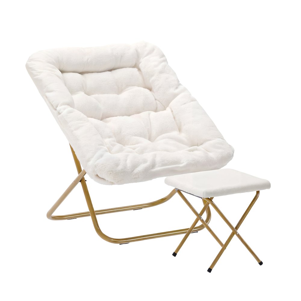 Oversized Folding Saucer Chair with Ottoman, Ivory Faux Shearling Fabric