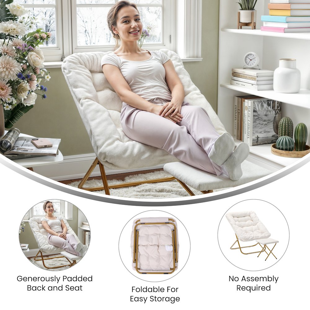 Oversized Folding Saucer Chair with Ottoman, Ivory Faux Shearling Fabric
