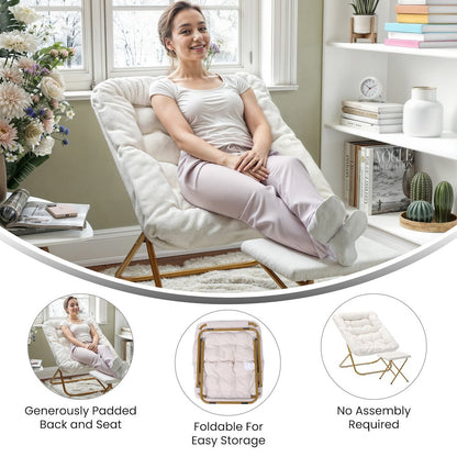 Oversized Folding Saucer Chair with Ottoman, Ivory Faux Shearling Fabric