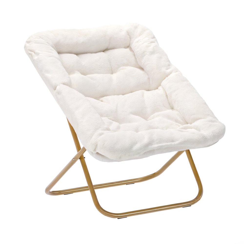 Oversized Folding Saucer Chair with Ottoman, Ivory Faux Shearling Fabric