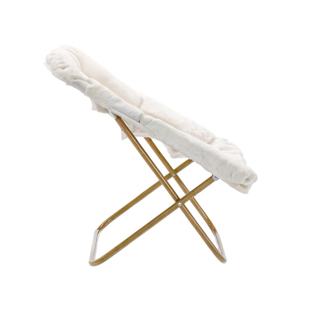 Oversized Folding Saucer Chair with Ottoman, Ivory Faux Shearling Fabric