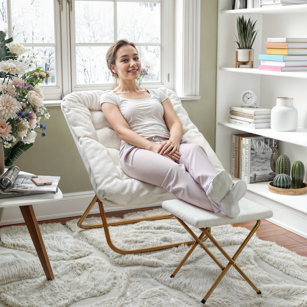 Oversized Folding Saucer Chair with Ottoman, Ivory Faux Shearling Fabric