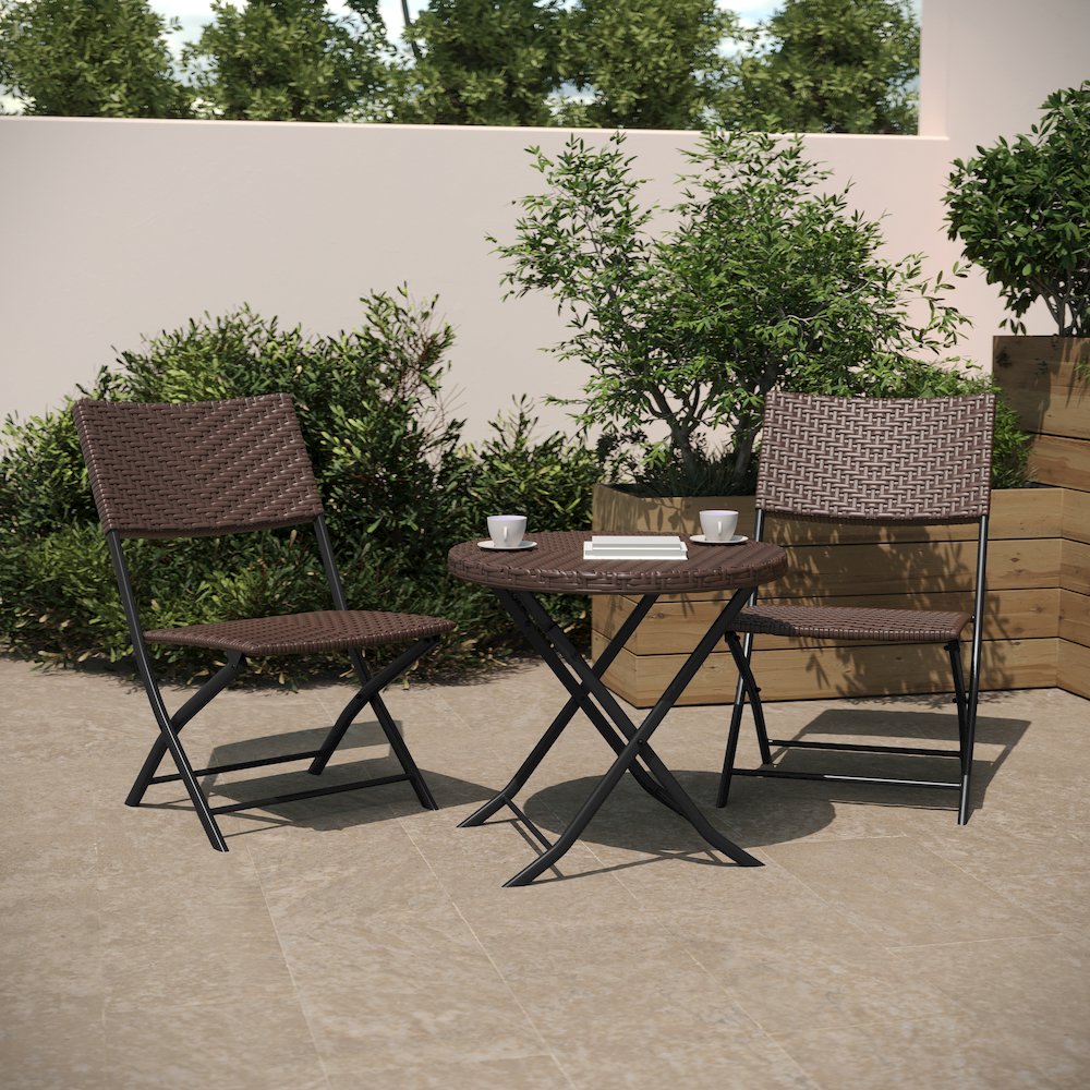 Modern 3 Piece Folding Bistro Table and Chairs Set, Brown