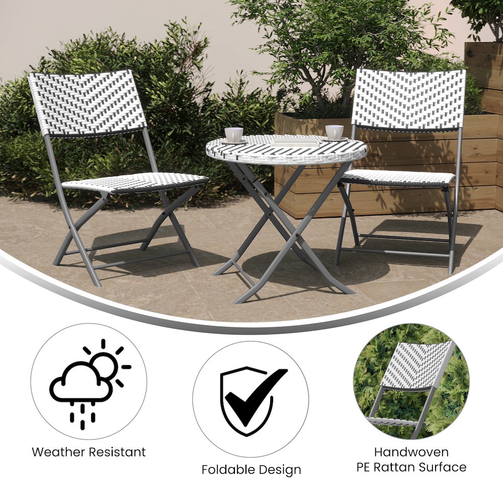 Modern 3 Piece Folding Bistro Table and Chairs Set, Gray & White