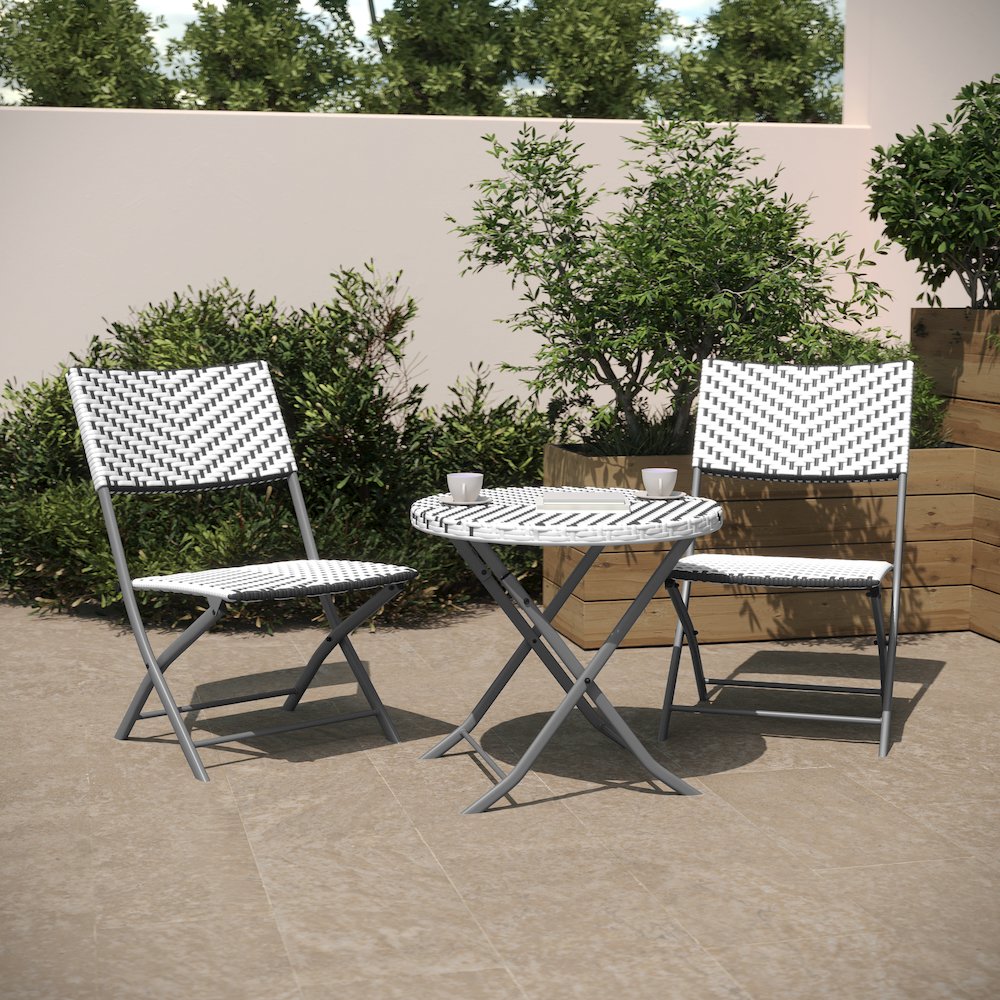 Modern 3 Piece Folding Bistro Table and Chairs Set, Gray & White