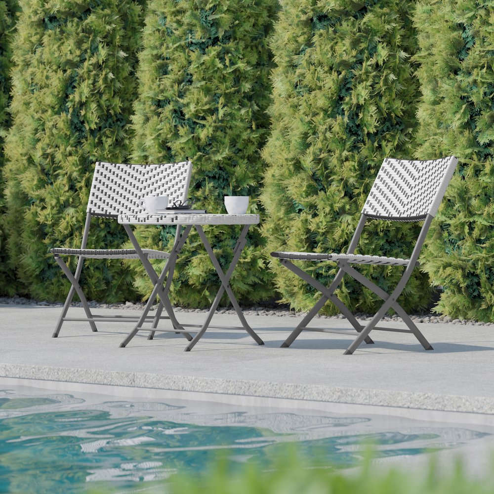 Modern 3 Piece Folding Bistro Table and Chairs Set, Gray & White