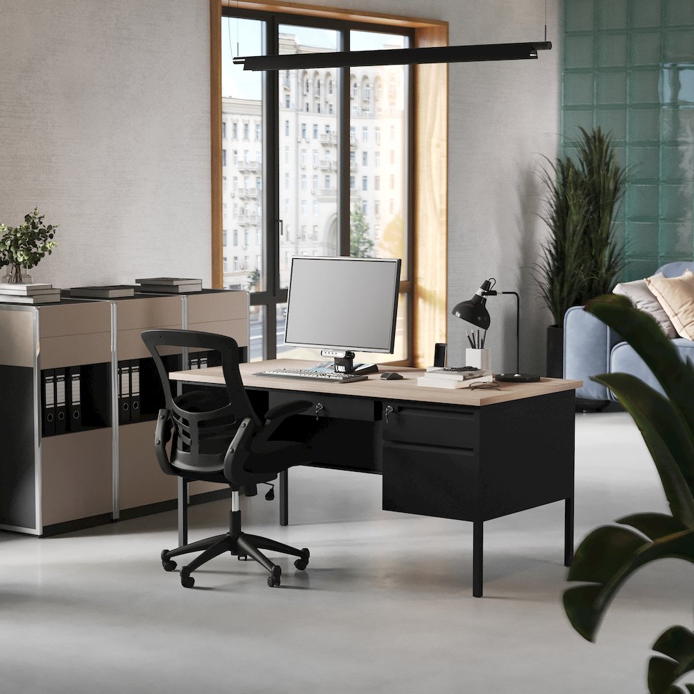 Contemporary 30x60 Commercial Grade Single Pedestal Desk with Drawers, White Oak