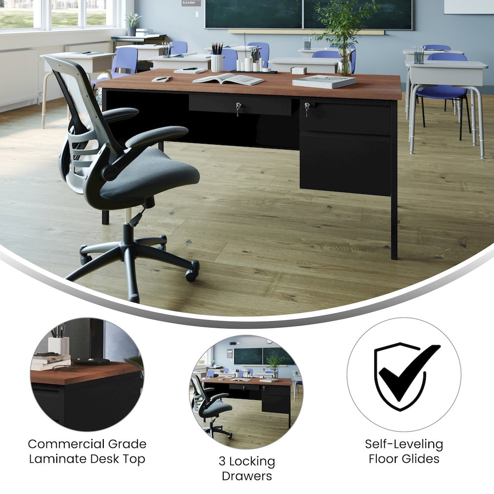 30x60 Right Side Single Pedestal Desk, 3 Locking Drawers, Walnut Top,Black Frame