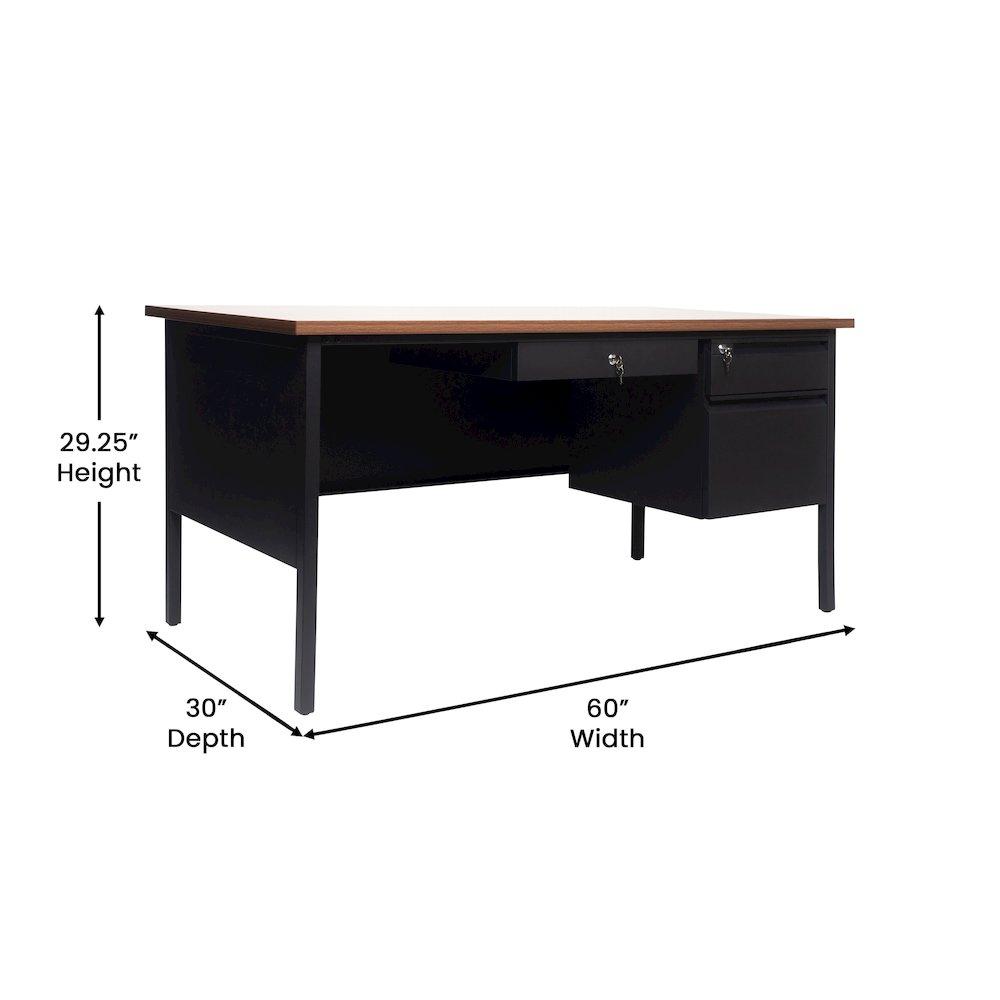 30x60 Right Side Single Pedestal Desk, 3 Locking Drawers, Walnut Top,Black Frame