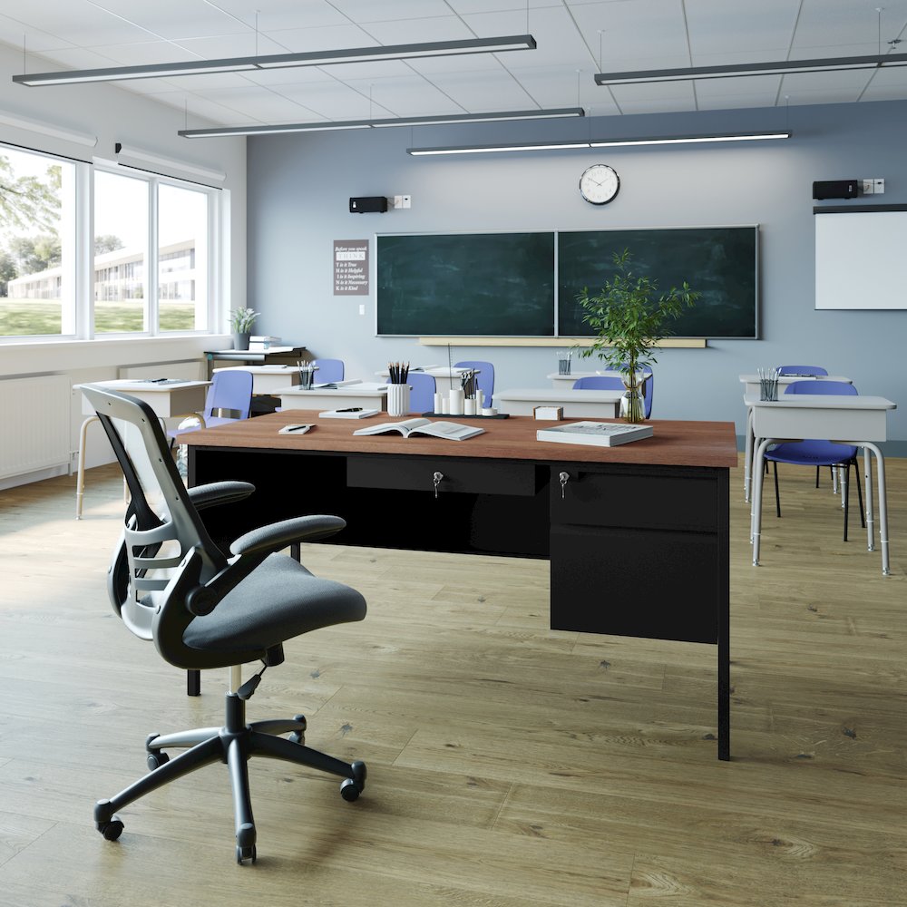 30x60 Right Side Single Pedestal Desk, 3 Locking Drawers, Walnut Top,Black Frame