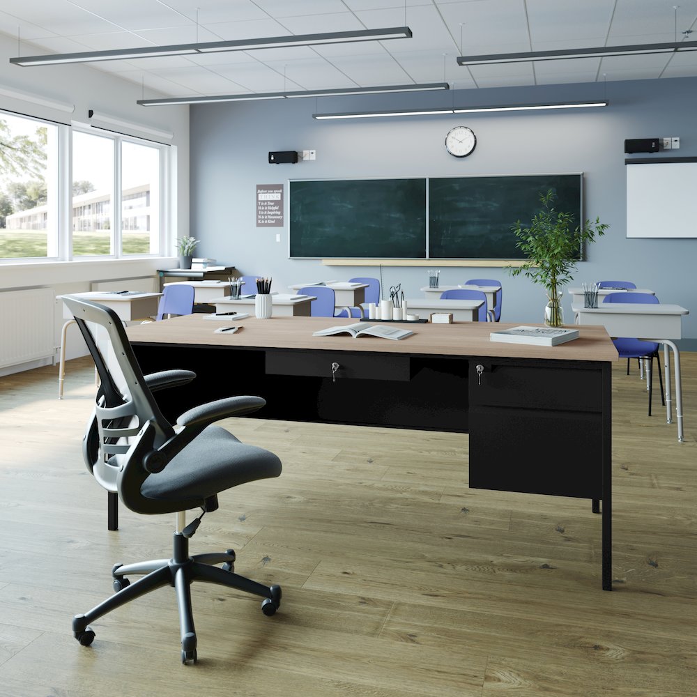 Contemporary 30x70 Commercial Grade Single Pedestal Desk with Drawers, White Oak