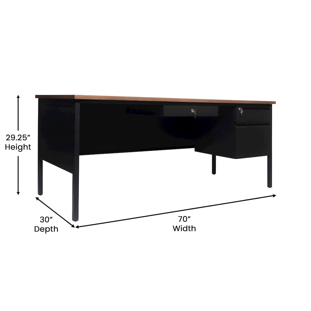 30x70 Right Side Single Pedestal Desk, 3 Locking Drawers, Walnut Top,Black Frame