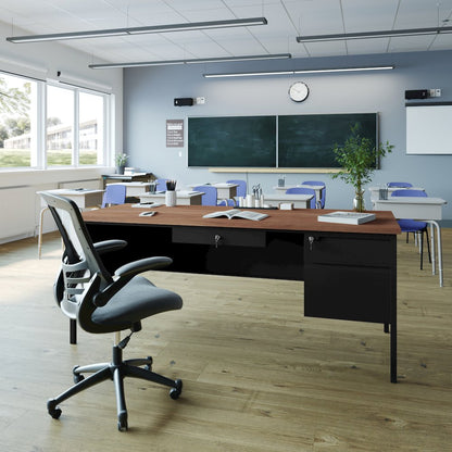 30x70 Right Side Single Pedestal Desk, 3 Locking Drawers, Walnut Top,Black Frame