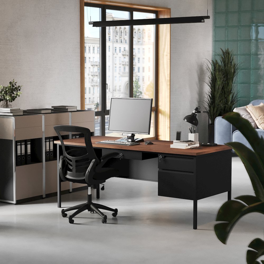 30x70 Right Side Single Pedestal Desk, 3 Locking Drawers, Walnut Top,Black Frame