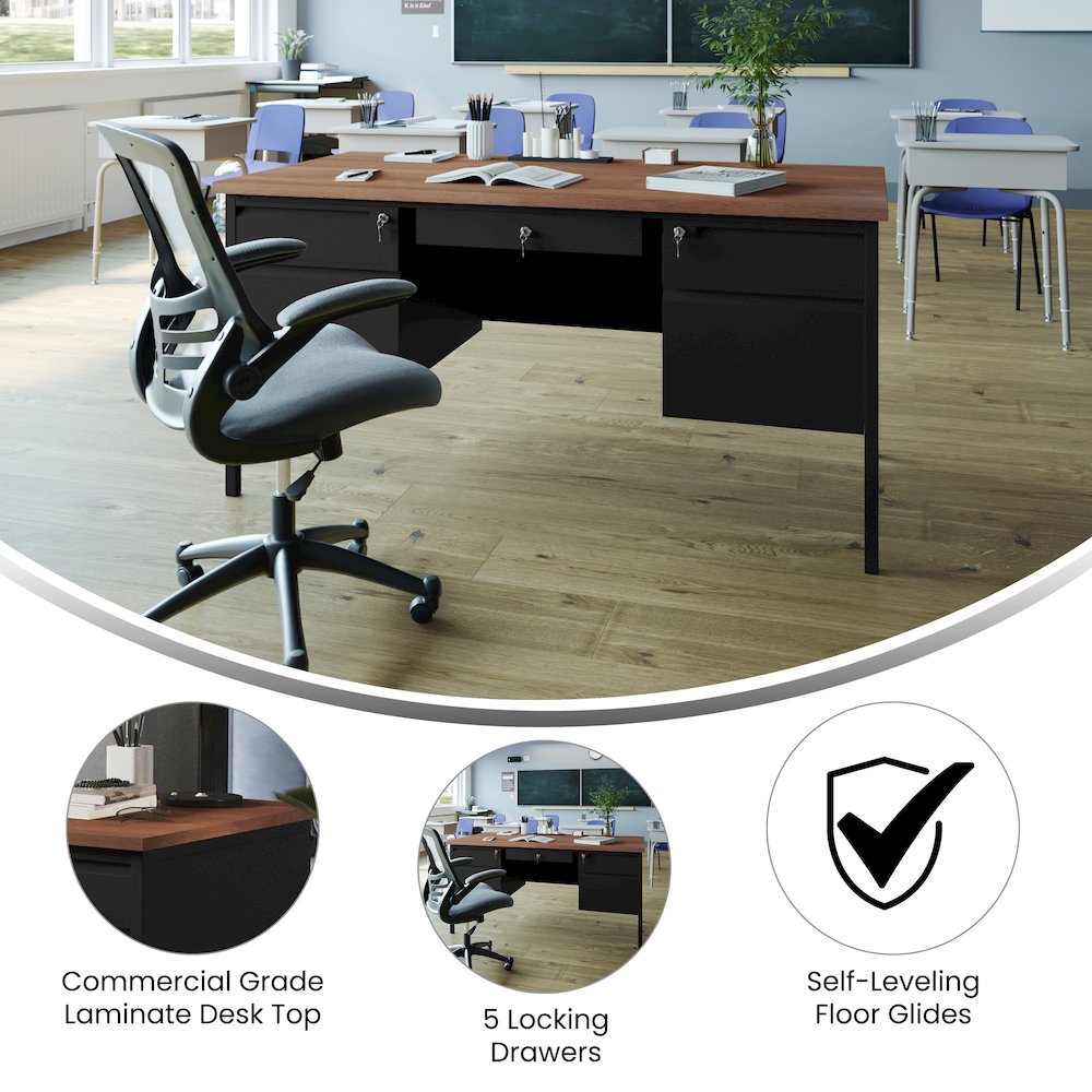 30x60 Double Pedestal Desk with 5 Locking Drawers, Walnut Top and Black Frame