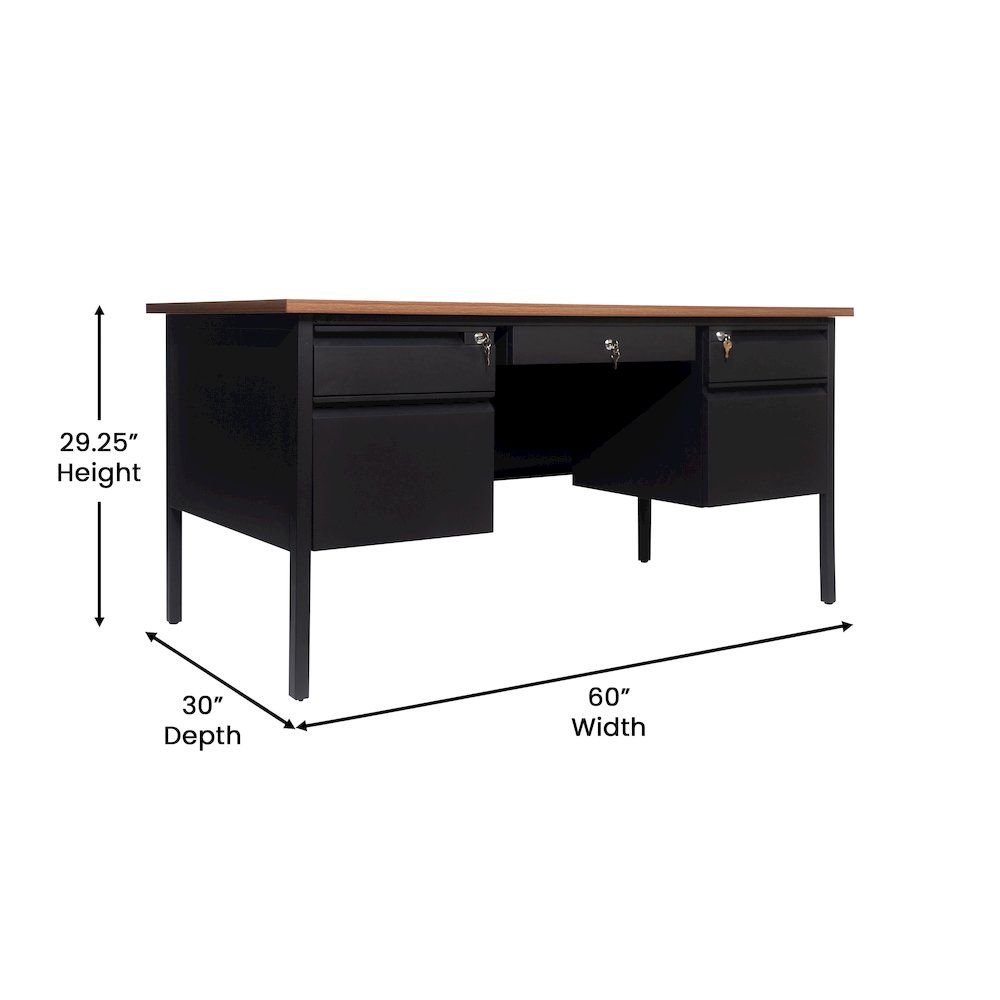 30x60 Double Pedestal Desk with 5 Locking Drawers, Walnut Top and Black Frame