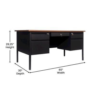 30x60 Double Pedestal Desk with 5 Locking Drawers, Walnut Top and Black Frame