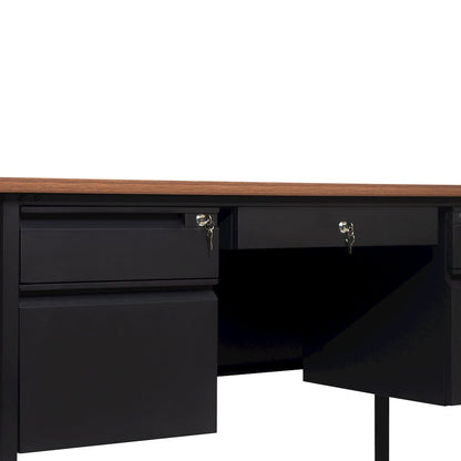 30x60 Double Pedestal Desk with 5 Locking Drawers, Walnut Top and Black Frame