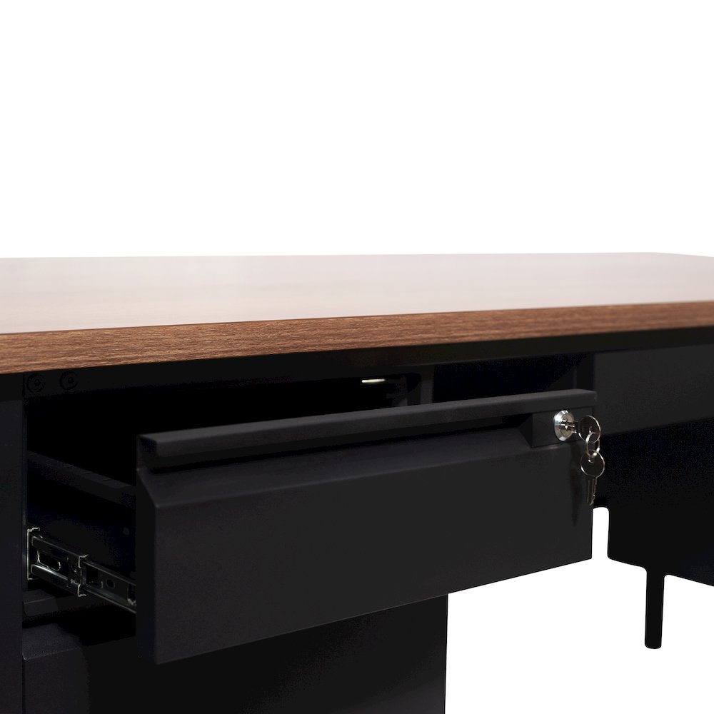 30x60 Double Pedestal Desk with 5 Locking Drawers, Walnut Top and Black Frame