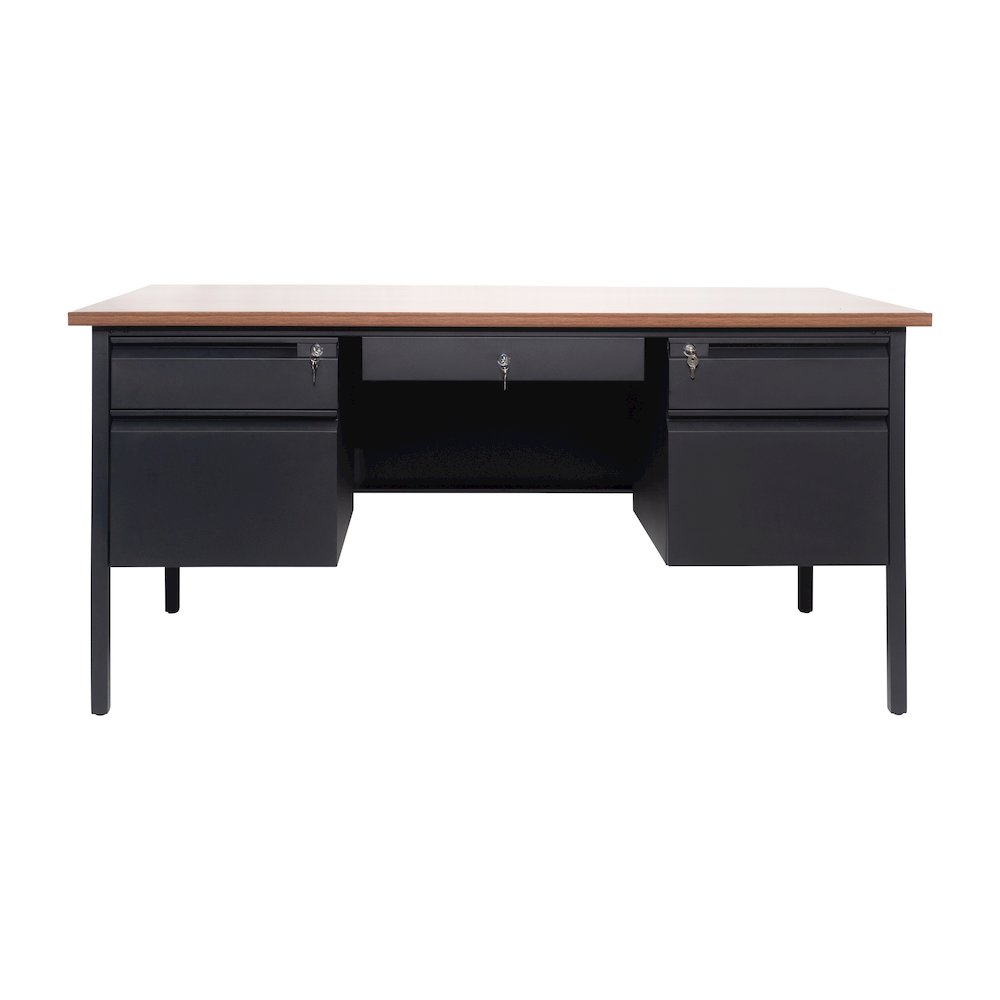 30x60 Double Pedestal Desk with 5 Locking Drawers, Walnut Top and Black Frame