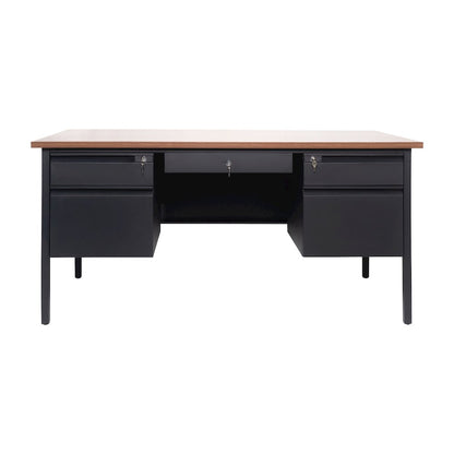 30x60 Double Pedestal Desk with 5 Locking Drawers, Walnut Top and Black Frame