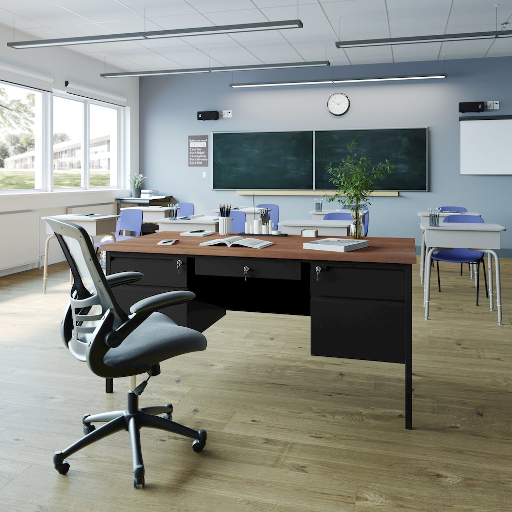 30x60 Double Pedestal Desk with 5 Locking Drawers, Walnut Top and Black Frame