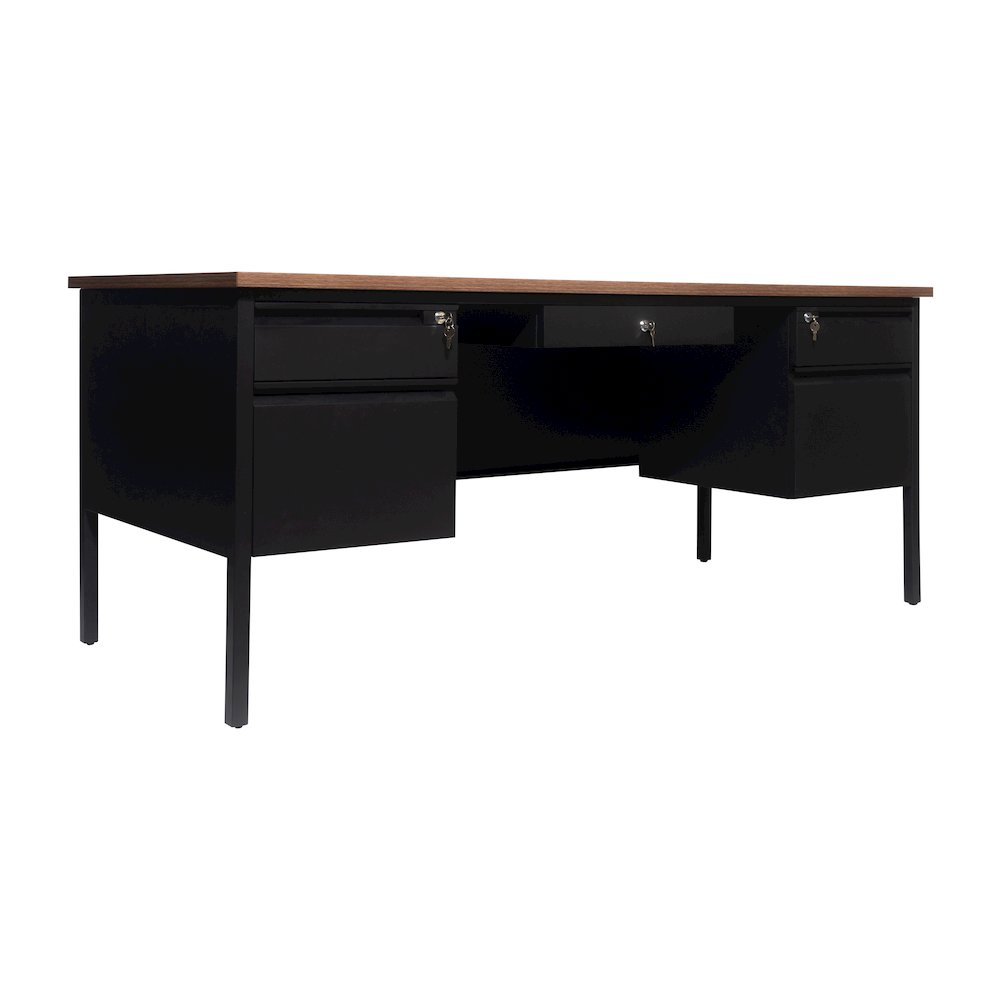 30x70 Double Pedestal Desk with 5 Locking Drawers, Walnut Top and Black Frame