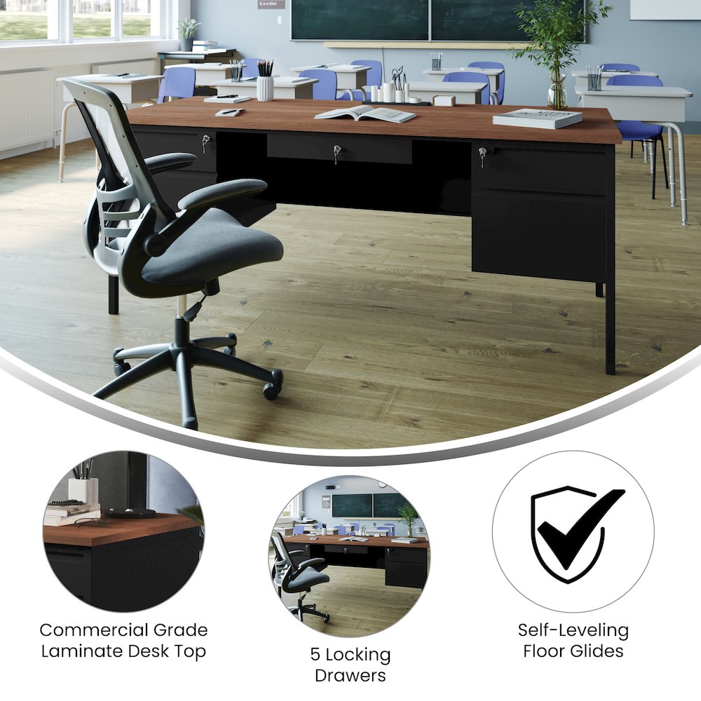 30x70 Double Pedestal Desk with 5 Locking Drawers, Walnut Top and Black Frame