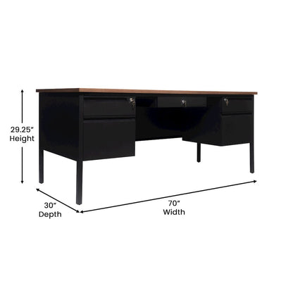 30x70 Double Pedestal Desk with 5 Locking Drawers, Walnut Top and Black Frame