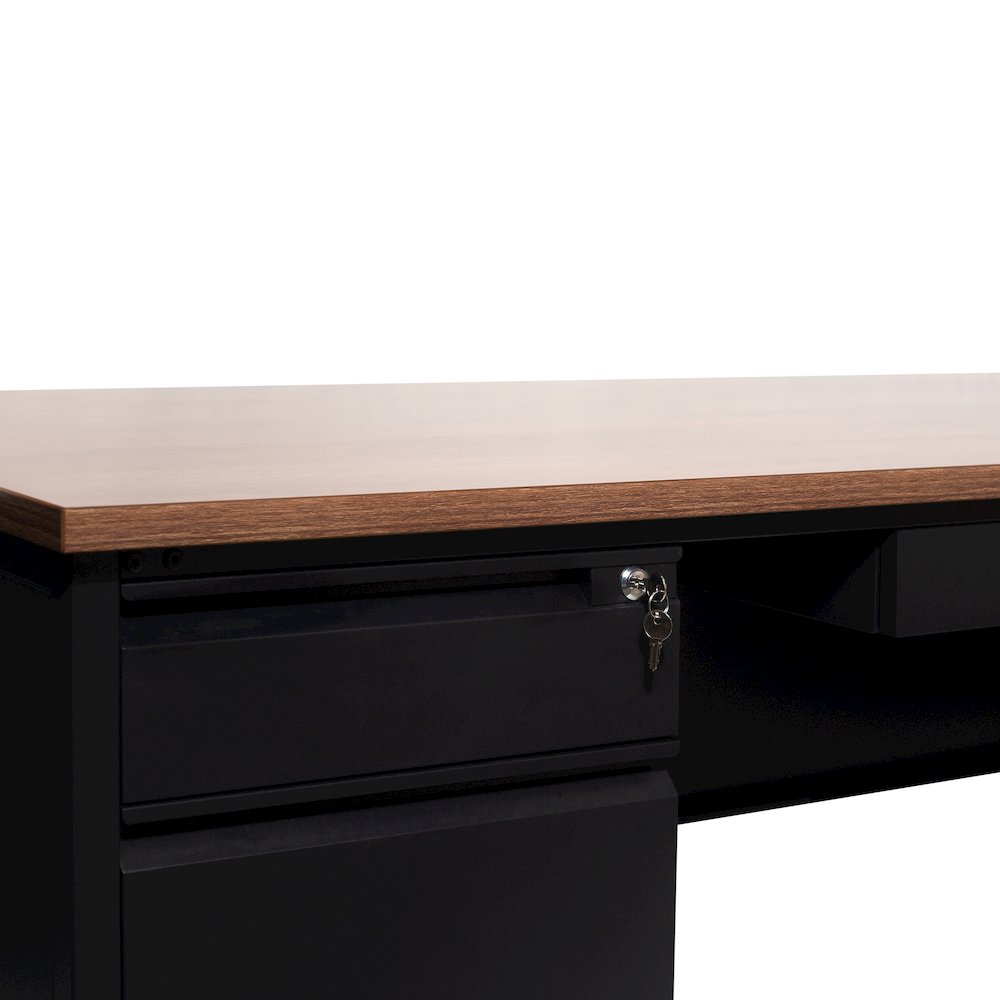 30x70 Double Pedestal Desk with 5 Locking Drawers, Walnut Top and Black Frame