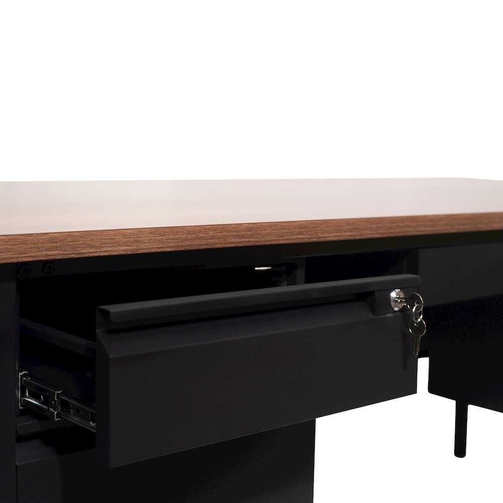 30x70 Double Pedestal Desk with 5 Locking Drawers, Walnut Top and Black Frame