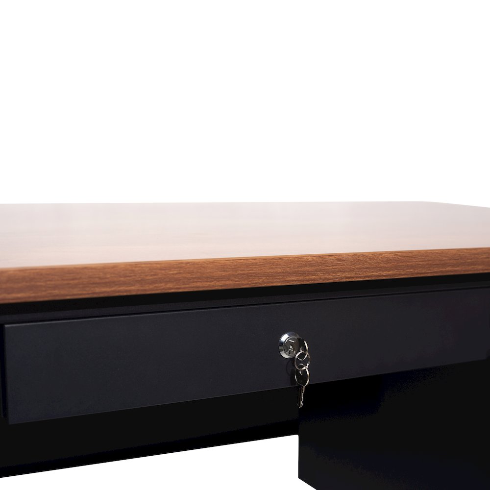 30x70 Double Pedestal Desk with 5 Locking Drawers, Walnut Top and Black Frame