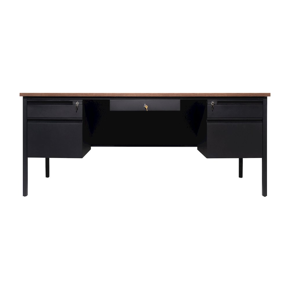 30x70 Double Pedestal Desk with 5 Locking Drawers, Walnut Top and Black Frame