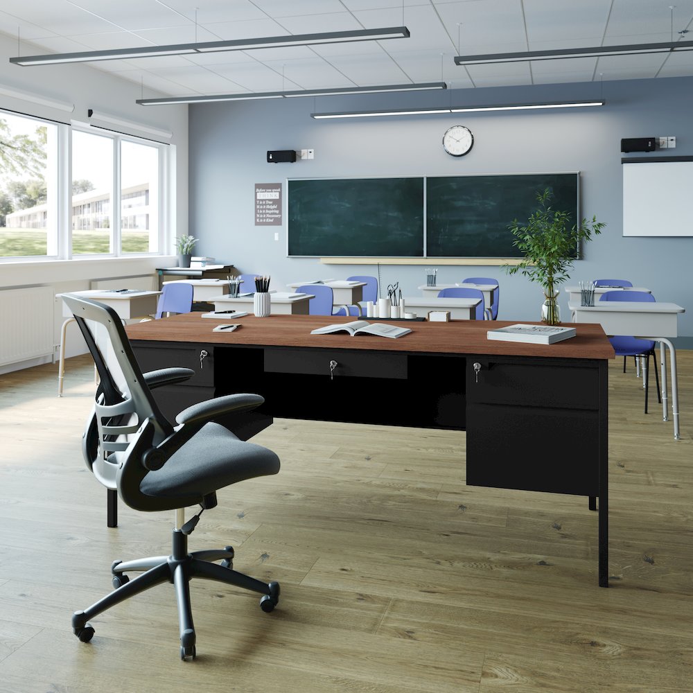 30x70 Double Pedestal Desk with 5 Locking Drawers, Walnut Top and Black Frame