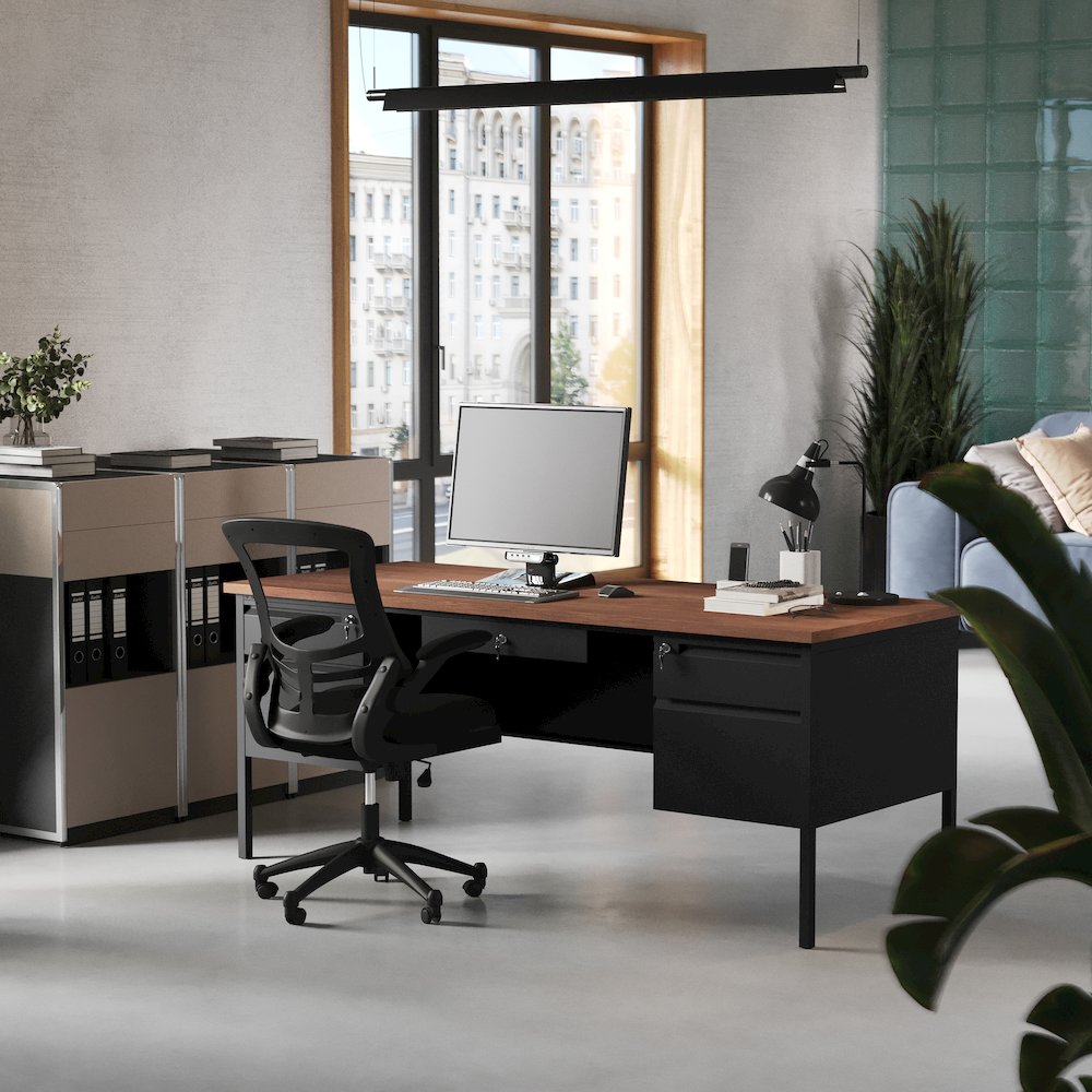 30x70 Double Pedestal Desk with 5 Locking Drawers, Walnut Top and Black Frame