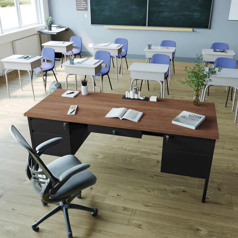 30x70 Double Pedestal Desk with 5 Locking Drawers, Walnut Top and Black Frame