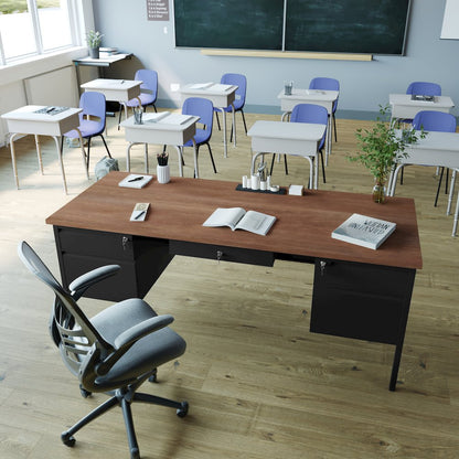 30x70 Double Pedestal Desk with 5 Locking Drawers, Walnut Top and Black Frame