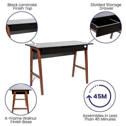 Table Desk for Writing and Work, Black/Walnut