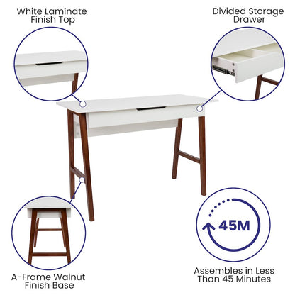 Table Desk for Writing and Work, White/Walnut