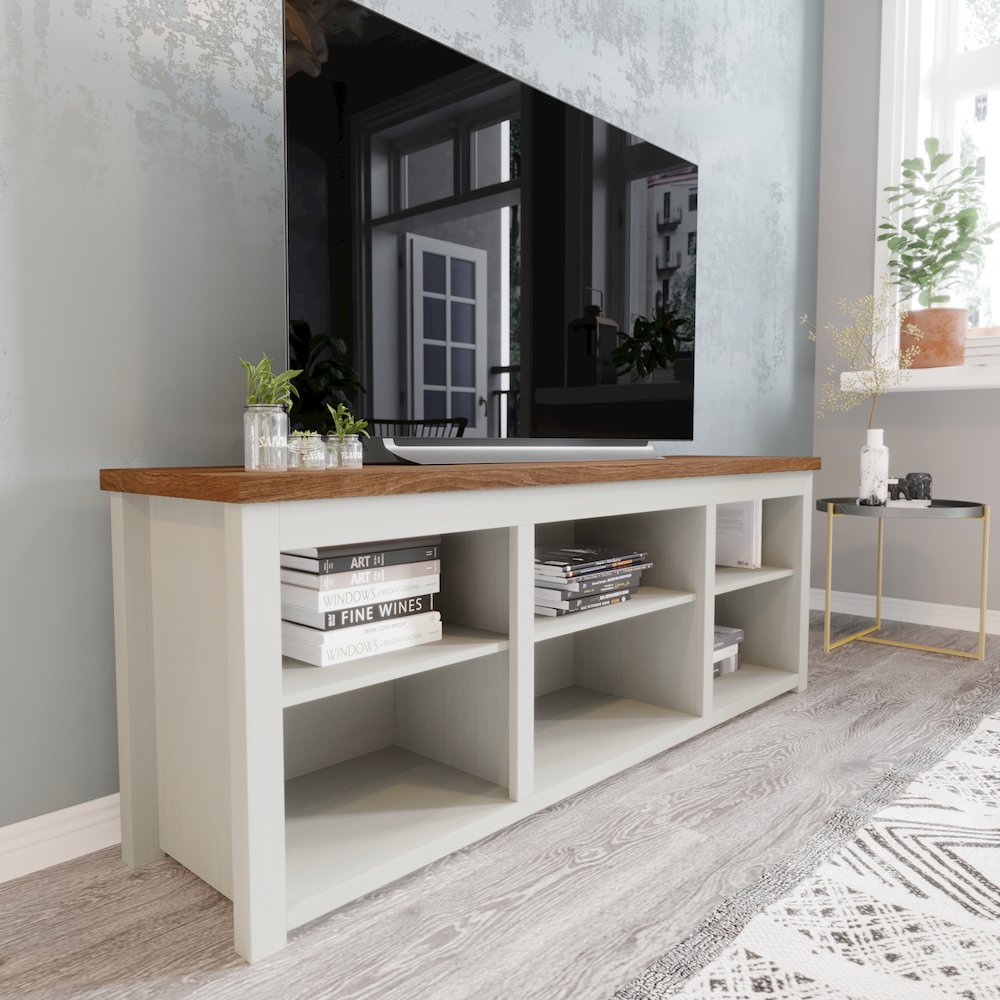 65" Open Media Console Cabinet for up to 80" TV's, Walnut Top/White Frame