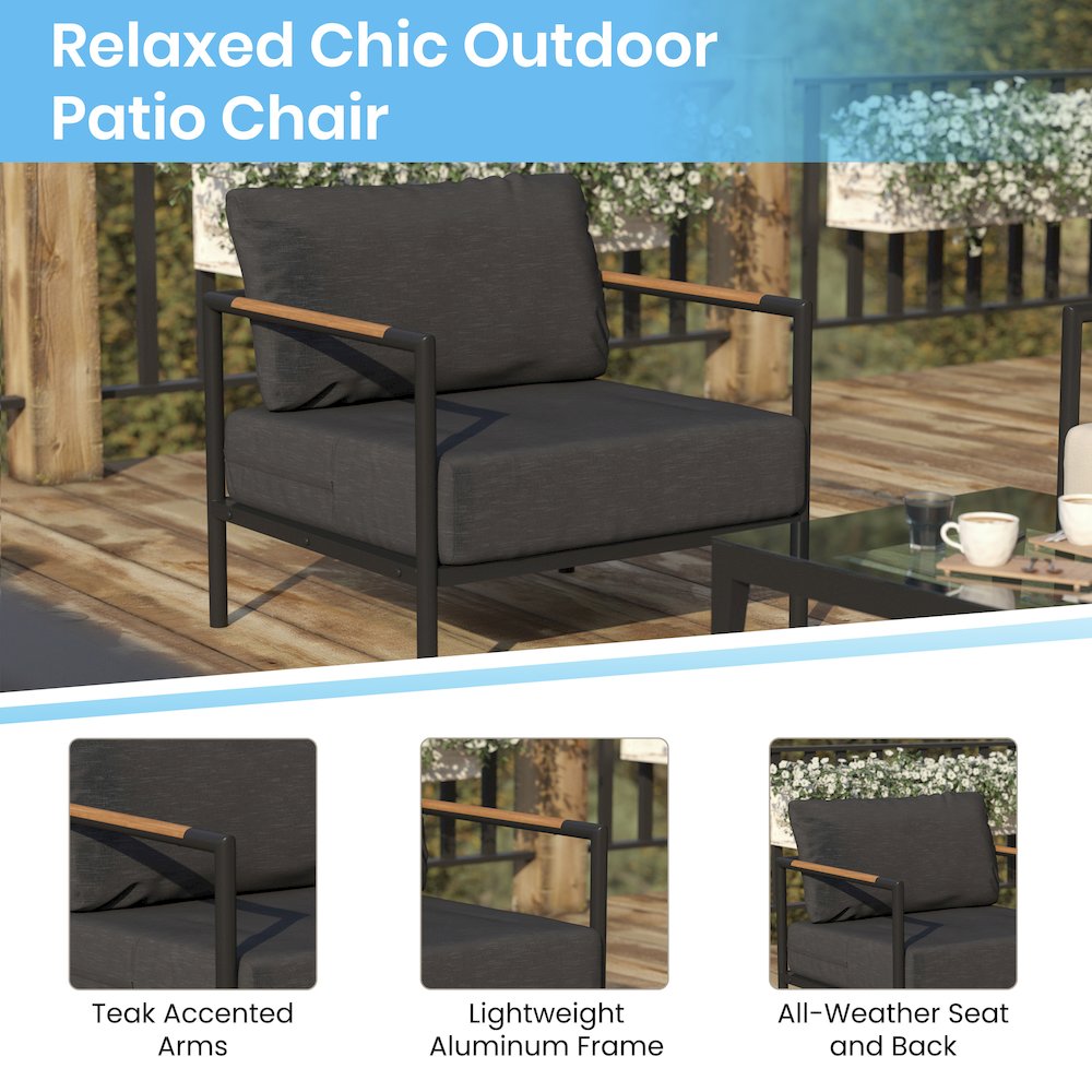 Patio Chair with Cushions - Aluminum Framed Chair, Black with Charcoal Cushions