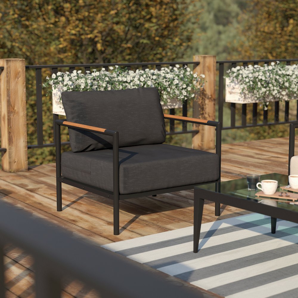 Patio Chair with Cushions - Aluminum Framed Chair, Black with Charcoal Cushions