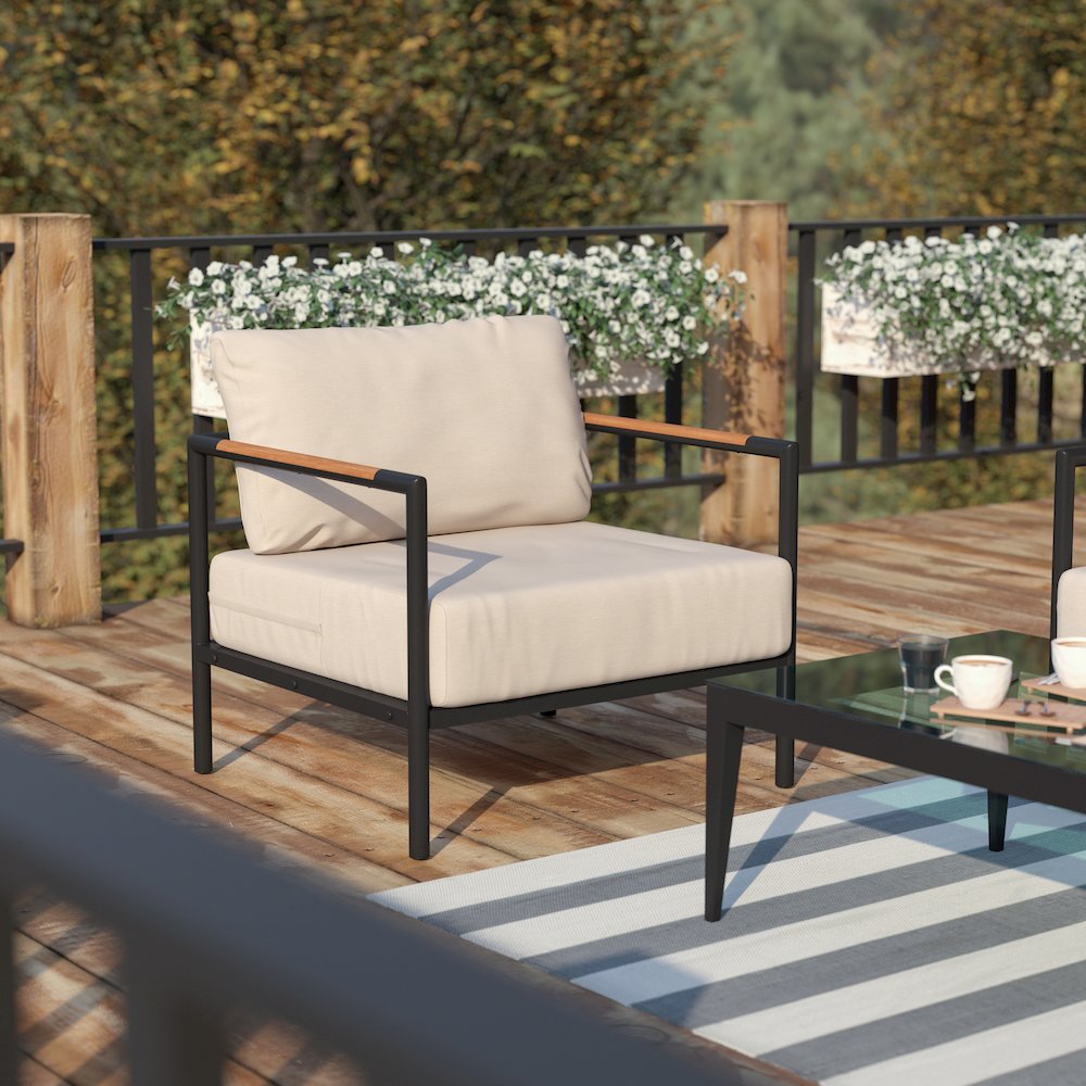 Patio Chair with Cushions - Aluminum Framed Chair, Black with Beige Cushions