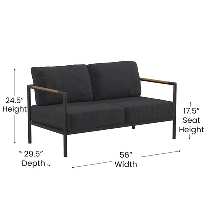 Patio Loveseat with Cushions  with Teak Accent Arms, Black-Charcoal Cushions