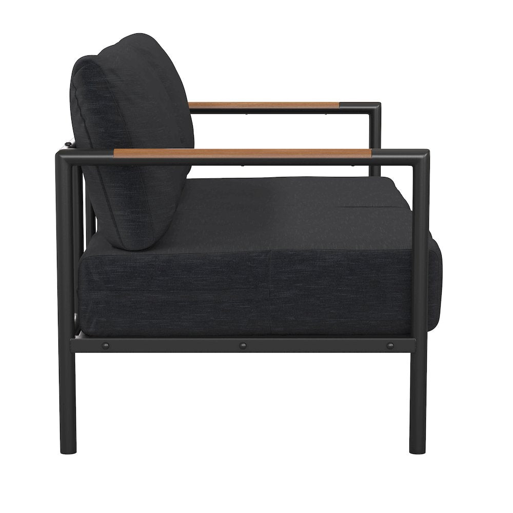 Patio Loveseat with Cushions  with Teak Accent Arms, Black-Charcoal Cushions