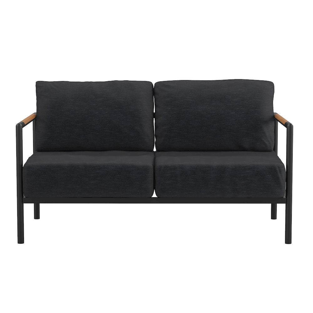 Patio Loveseat with Cushions  with Teak Accent Arms, Black-Charcoal Cushions