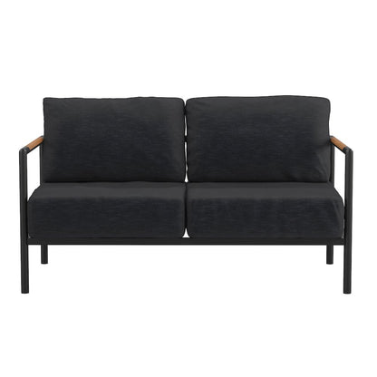 Patio Loveseat with Cushions  with Teak Accent Arms, Black-Charcoal Cushions
