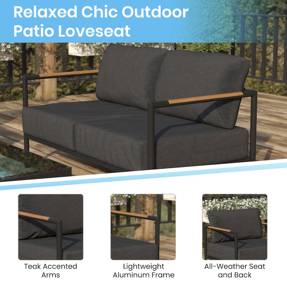 Patio Loveseat with Cushions  with Teak Accent Arms, Black-Charcoal Cushions