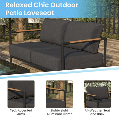 Patio Loveseat with Cushions  with Teak Accent Arms, Black-Charcoal Cushions